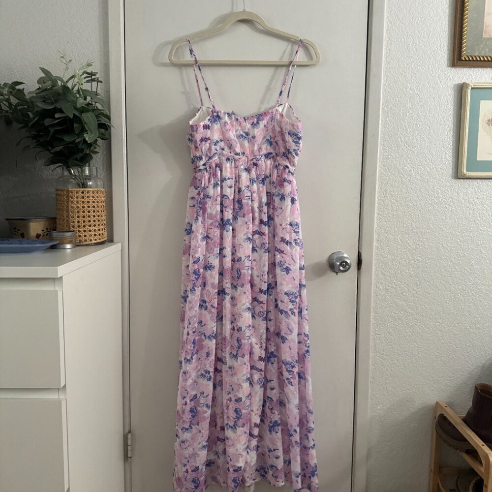 🦋 NWOT LULUS Total Darling Pink Multi Floral Print Notched Bustier Maxi Dress - Picture 5 of 5